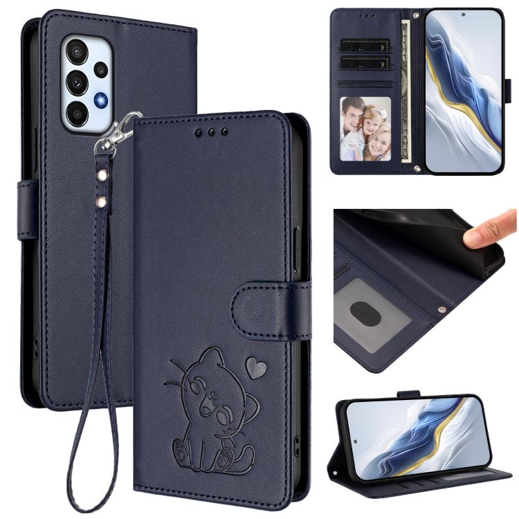 Embossed Heart Cat Leather Phone Case with Hand Strap, For Samsung Galaxy A73 5G, For Samsung Galaxy A33 5G