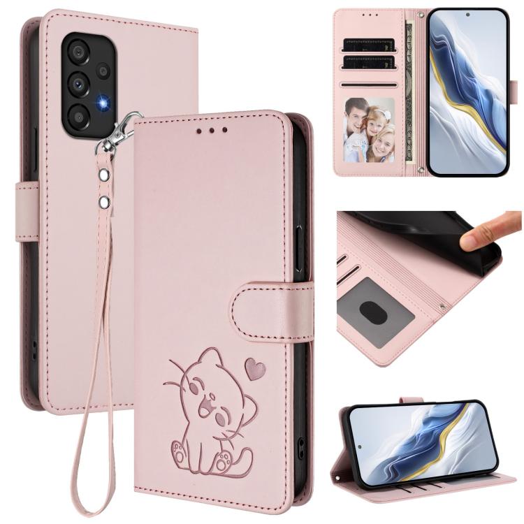 Embossed Heart Cat Leather Phone Case with Hand Strap, For Samsung Galaxy A73 5G, For Samsung Galaxy A33 5G