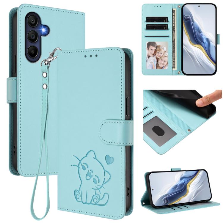 Embossed Heart Cat Leather Phone Case with Hand Strap, For Samsung Galaxy A56 / A36 5G, For Samsung Galaxy A05 / M05 4G, For Samsung Galaxy A16 4G / 5G, For Samsung Galaxy A05s / F14 4G