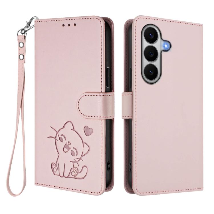 Embossed Heart Cat Leather Phone Case with Hand Strap, For Galaxy A27 5G, For Samsung Galaxy A25e 5G, For Samsung Galaxy A26 / A17, For Samsung Galaxy A06 / A07