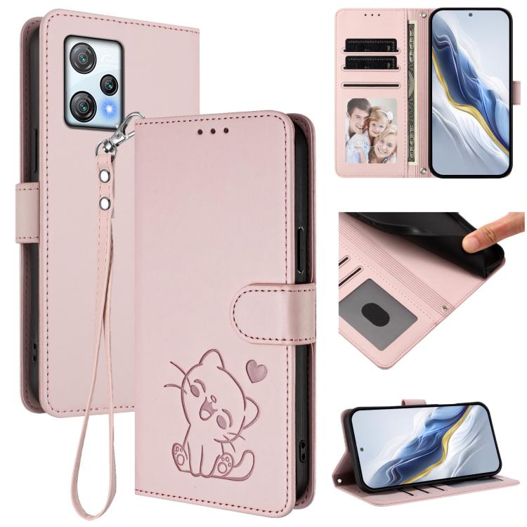 Embossed Heart Cat Leather Phone Case with Hand Strap, For Blackview A53