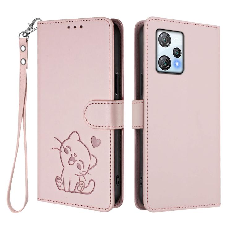 Embossed Heart Cat Leather Phone Case with Hand Strap, For Blackview A53