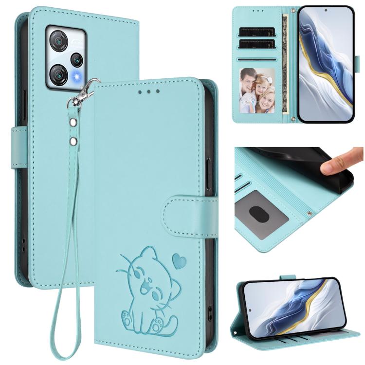 Embossed Heart Cat Leather Phone Case with Hand Strap, For Blackview A53