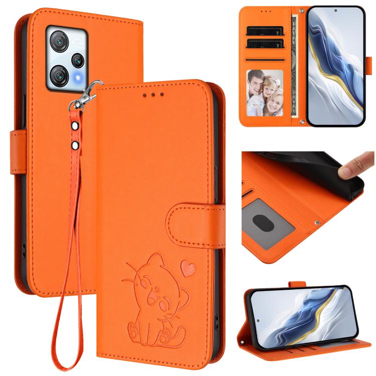 Embossed Heart Cat Leather Phone Case with Hand Strap, For Blackview A53
