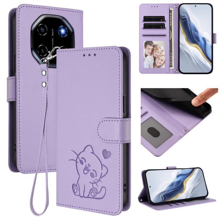 Embossed Heart Cat Leather Phone Case with Hand Strap, For Blackview Wave 7C, For Blackview Wave 10, For Blackview Oscal Flat 2 / 2C, For Blackview SHARK 6