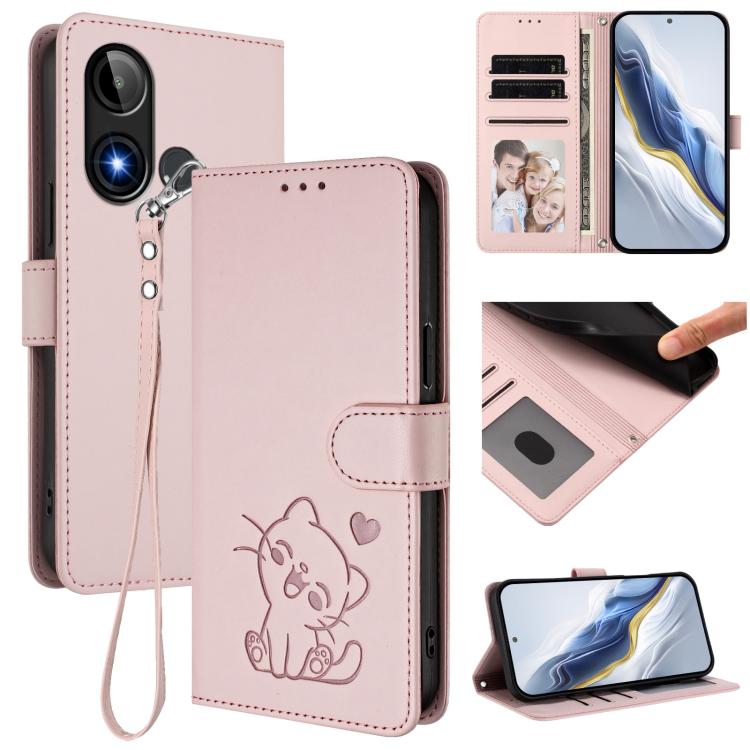 Embossed Heart Cat Leather Phone Case with Hand Strap, For BLU G64, For BLU Bold K50, For BLU C9, For BLU View 5 Pro