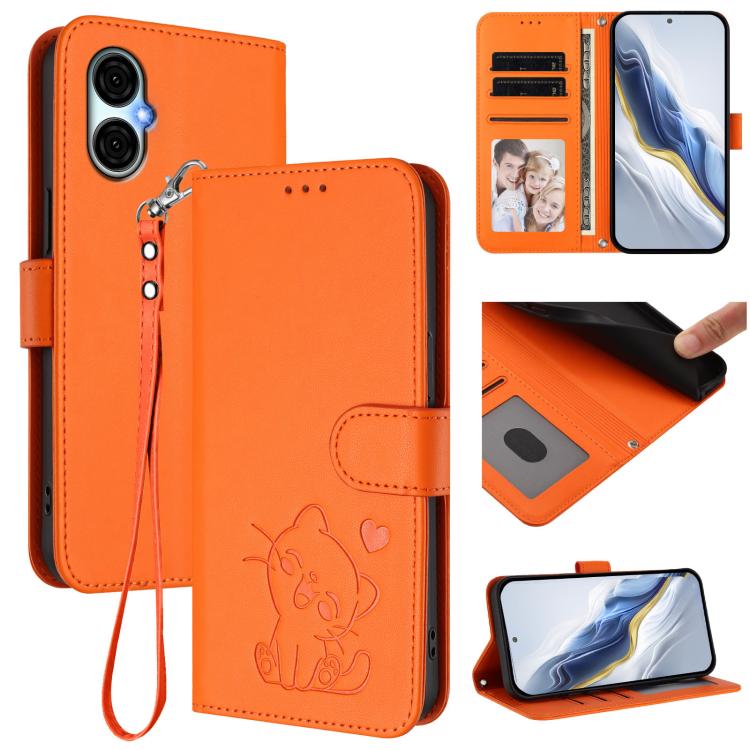 Embossed Heart Cat Leather Phone Case with Hand Strap, For BLU View 5, For BLU View Speed 5G B1550VL, For BLU G53