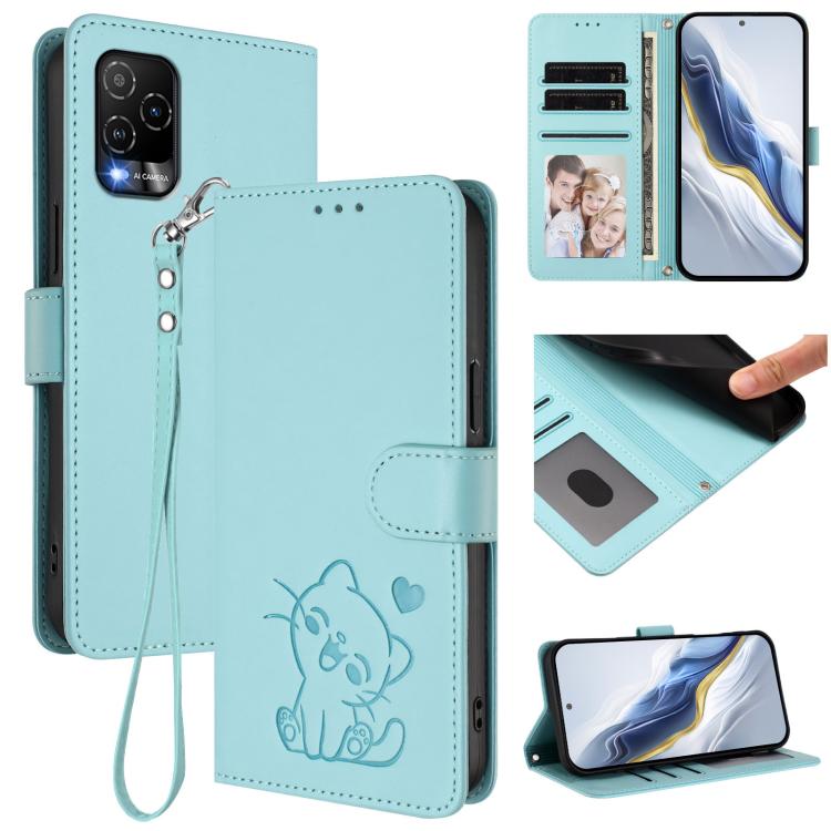 Embossed Heart Cat Leather Phone Case with Hand Strap, For BLU G64, For BLU Bold K50, For BLU C9, For BLU View 5 Pro