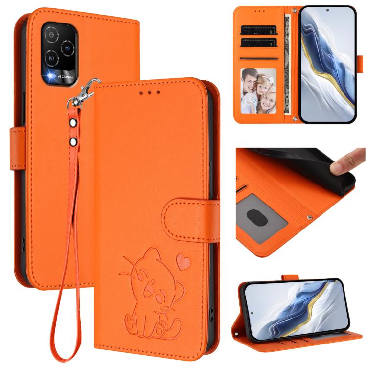 Embossed Heart Cat Leather Phone Case with Hand Strap, For BLU G64, For BLU Bold K50, For BLU C9, For BLU View 5 Pro