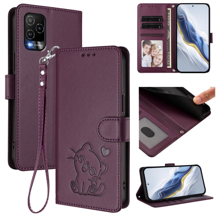Embossed Heart Cat Leather Phone Case with Hand Strap, For BLU G64, For BLU Bold K50, For BLU C9, For BLU View 5 Pro