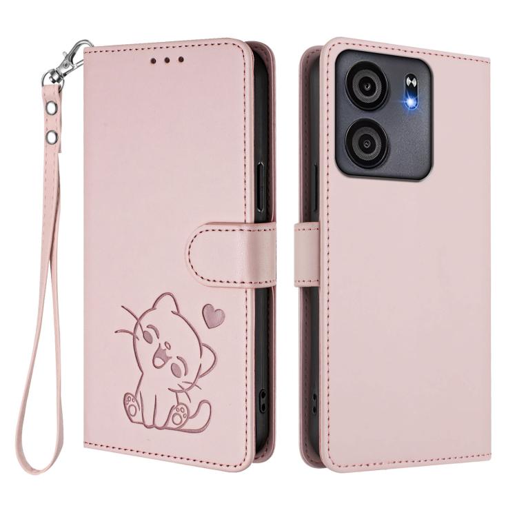 Embossed Heart Cat Leather Phone Case with Hand Strap, For BLU View 5, For BLU View Speed 5G B1550VL, For BLU G53