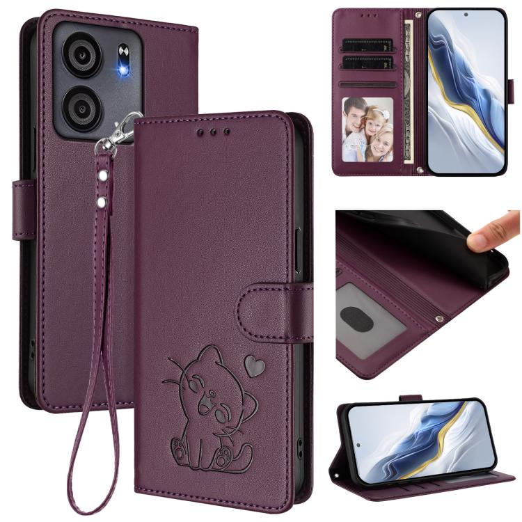Embossed Heart Cat Leather Phone Case with Hand Strap, For BLU View 5, For BLU View Speed 5G B1550VL, For BLU G53