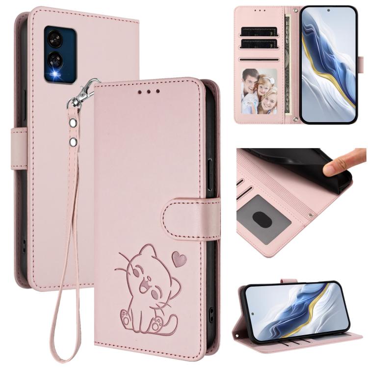 Embossed Heart Cat Leather Phone Case with Hand Strap, For BLU View 5, For BLU View Speed 5G B1550VL, For BLU G53