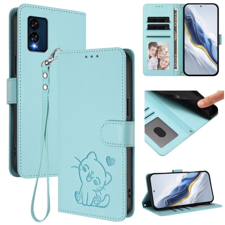 Embossed Heart Cat Leather Phone Case with Hand Strap, For BLU View 5, For BLU View Speed 5G B1550VL, For BLU G53