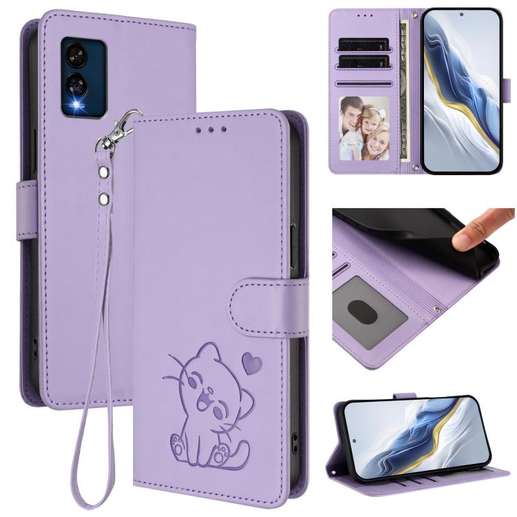Embossed Heart Cat Leather Phone Case with Hand Strap, For BLU View 5, For BLU View Speed 5G B1550VL, For BLU G53