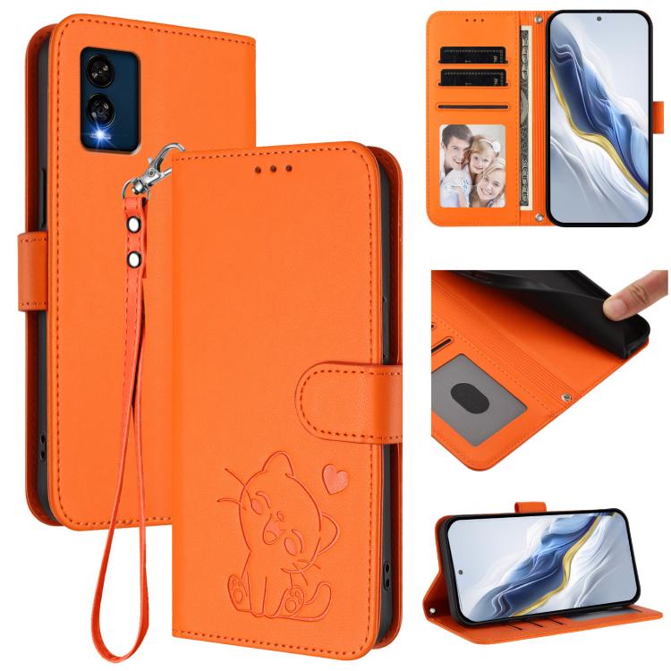 Embossed Heart Cat Leather Phone Case with Hand Strap, For BLU View 5, For BLU View Speed 5G B1550VL, For BLU G53