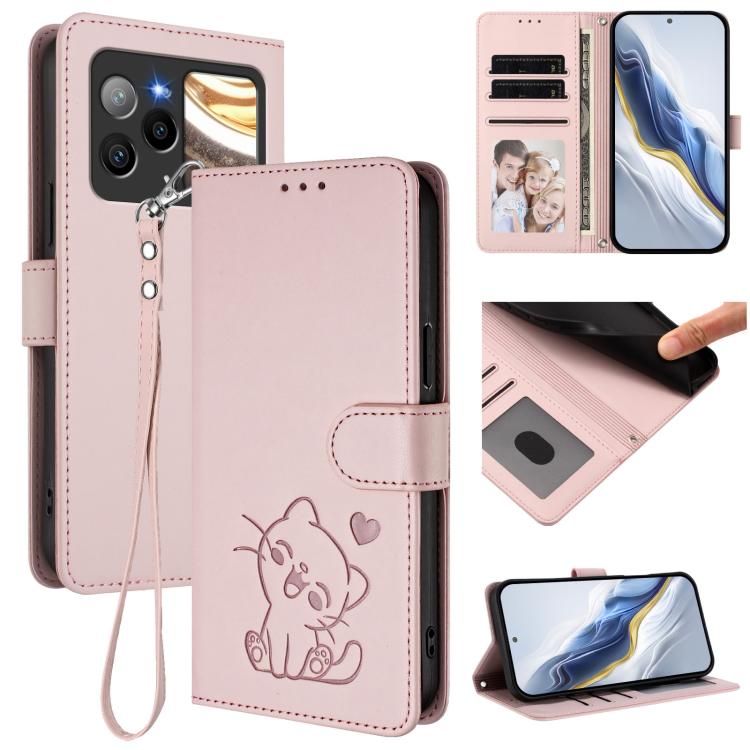Embossed Heart Cat Leather Phone Case with Hand Strap, For BLU G95, For BLU Bold N4, For BLU Bold K10, For BLU G54