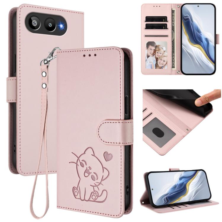 Embossed Heart Cat Leather Phone Case with Hand Strap, For BLU G95, For BLU Bold N4, For BLU Bold K10, For BLU G54