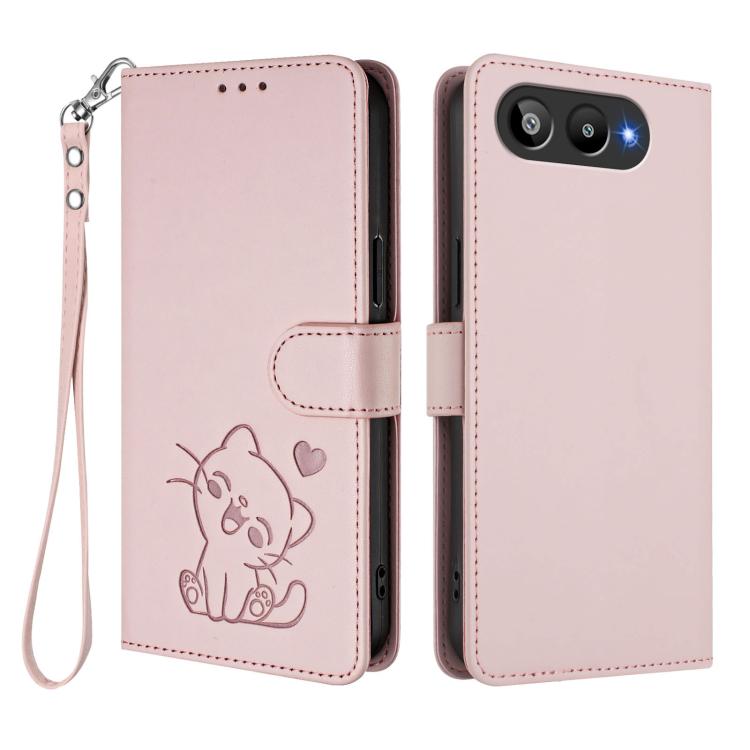 Embossed Heart Cat Leather Phone Case with Hand Strap, For BLU G95, For BLU Bold N4, For BLU Bold K10, For BLU G54