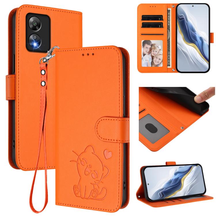 Embossed Heart Cat Leather Phone Case with Hand Strap, For Boost Mobile Summit 5G 2024, For Boost Mobile Celero 5G+ 2024 / 3+ 5G, For Boost Mobile Celero 5G 2024 / 3 5G, For Boost Mobile Celero 5G SC / SN339D