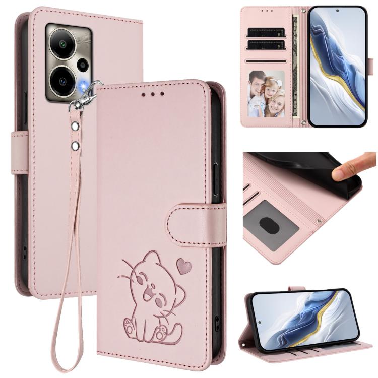 Embossed Heart Cat Leather Phone Case with Hand Strap, For Cricket Outlast 5G 2024