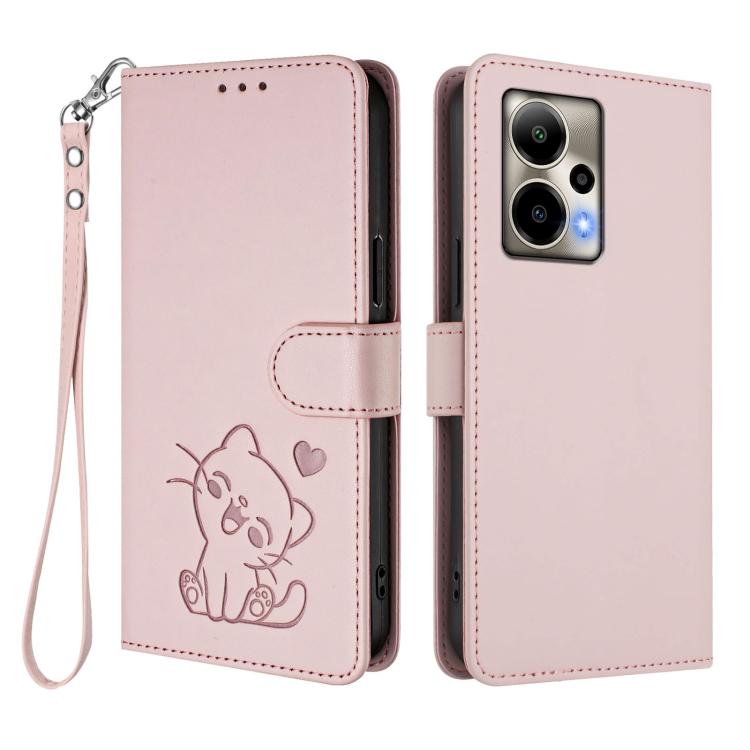 Embossed Heart Cat Leather Phone Case with Hand Strap, For Cricket Outlast 5G 2024