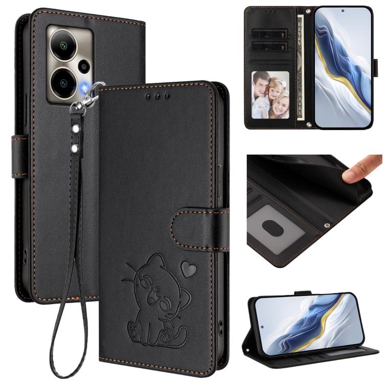Embossed Heart Cat Leather Phone Case with Hand Strap, For Cricket Outlast 5G 2024