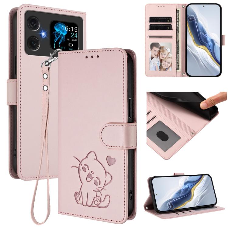 Embossed Heart Cat Leather Phone Case with Hand Strap, For Cubot A40, For Cubot P90, For Cubot A30, For Cubot A20