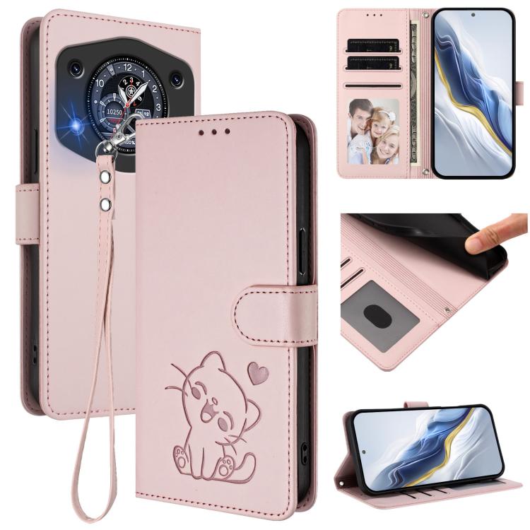 Embossed Heart Cat Leather Phone Case with Hand Strap, For Cubot A40, For Cubot P90, For Cubot A30, For Cubot A20
