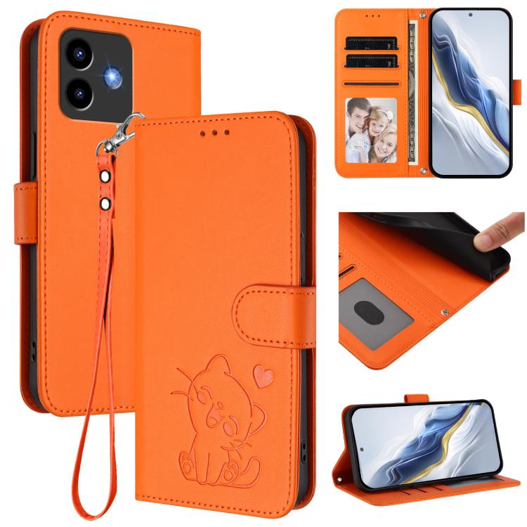 Embossed Heart Cat Leather Phone Case with Hand Strap, For Cubot Max 5, For Cubot A10, For Cubot Note 40, For Cubot P50