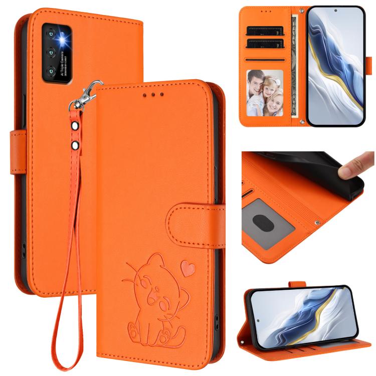 Embossed Heart Cat Leather Phone Case with Hand Strap, For Cubot Max 5, For Cubot A10, For Cubot Note 40, For Cubot P50