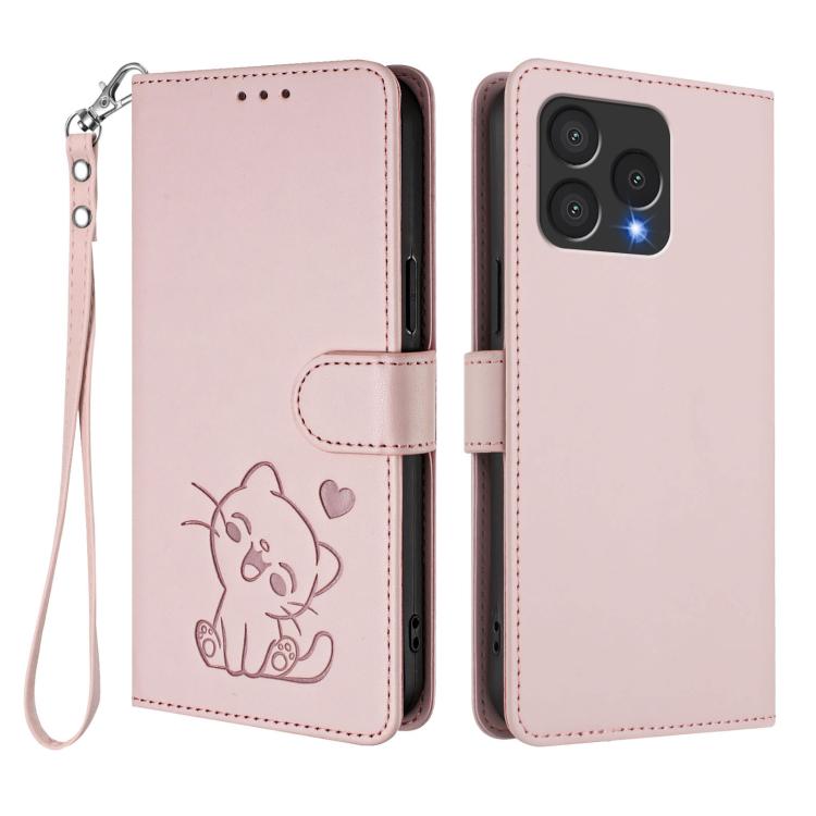 Embossed Heart Cat Leather Phone Case with Hand Strap, For Cubot A40, For Cubot P90, For Cubot A30, For Cubot A20