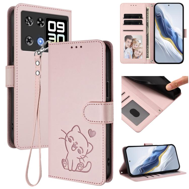 Embossed Heart Cat Leather Phone Case with Hand Strap, For Cubot A40, For Cubot P90, For Cubot A30, For Cubot A20