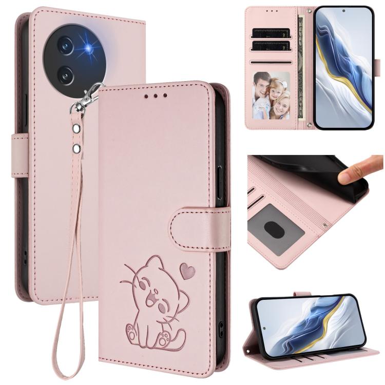 Embossed Heart Cat Leather Phone Case with Hand Strap, For Doogee Note 56 / Note 56 Pro, For Doogee N60 Pro, For Doogee Note 59 / Note 59 Pro, For Doogee Note 58 / Note 58 Pro