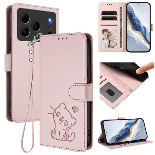 Embossed Heart Cat Leather Phone Case with Hand Strap, For Doogee Note 56 / Note 56 Pro, For Doogee N60 Pro, For Doogee Note 59 / Note 59 Pro, For Doogee Note 58 / Note 58 Pro