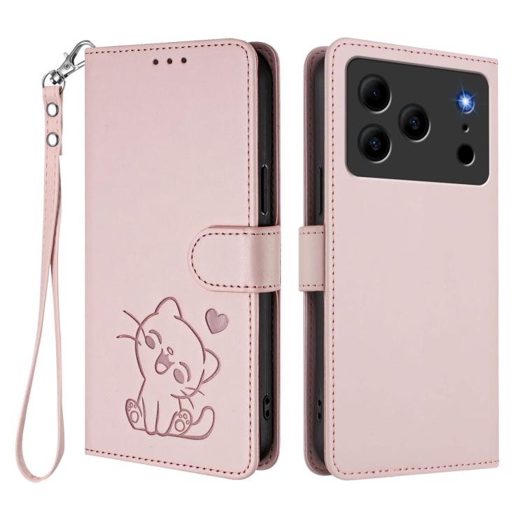 Embossed Heart Cat Leather Phone Case with Hand Strap, For Doogee Note 56 / Note 56 Pro, For Doogee N60 Pro, For Doogee Note 59 / Note 59 Pro, For Doogee Note 58 / Note 58 Pro
