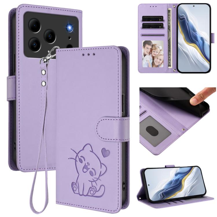 Embossed Heart Cat Leather Phone Case with Hand Strap, For Doogee Note 56 / Note 56 Pro, For Doogee N60 Pro, For Doogee Note 59 / Note 59 Pro, For Doogee Note 58 / Note 58 Pro