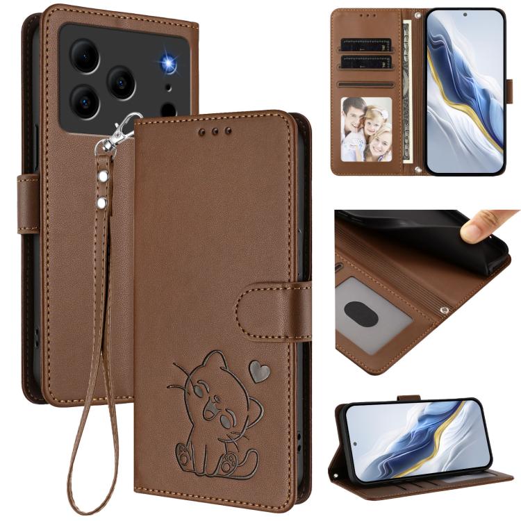 Embossed Heart Cat Leather Phone Case with Hand Strap, For Doogee Note 56 / Note 56 Pro, For Doogee N60 Pro, For Doogee Note 59 / Note 59 Pro, For Doogee Note 58 / Note 58 Pro