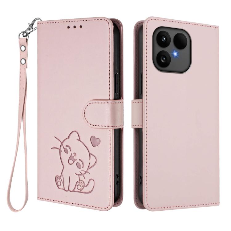 Embossed Heart Cat Leather Phone Case with Hand Strap, For Fairphone 6, For Fairphone 5