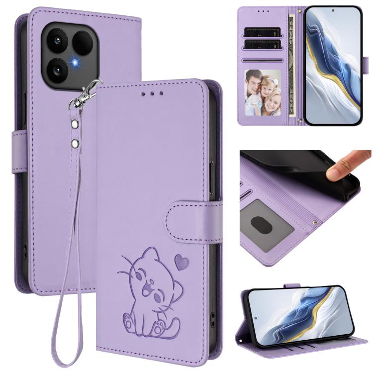Embossed Heart Cat Leather Phone Case with Hand Strap, For Fairphone 6, For Fairphone 5