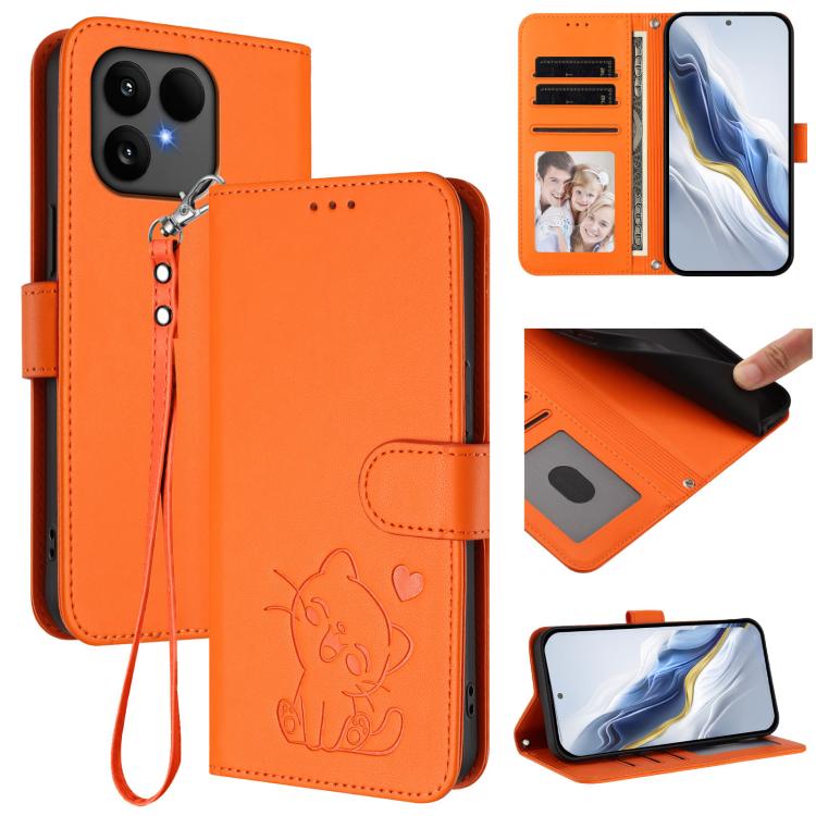 Embossed Heart Cat Leather Phone Case with Hand Strap, For Fairphone 6, For Fairphone 5