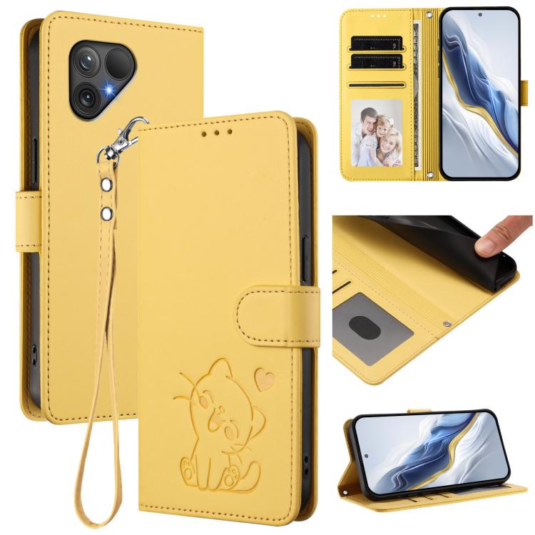 Embossed Heart Cat Leather Phone Case with Hand Strap, For Fairphone 6, For Fairphone 5