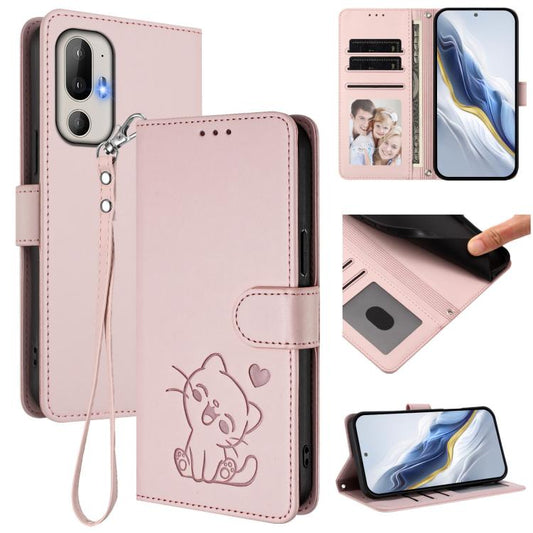 Embossed Heart Cat Leather Phone Case with Hand Strap, For HTC U24 Pro
