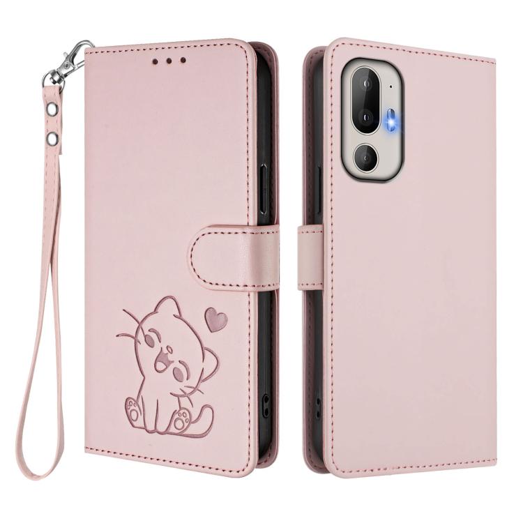 Embossed Heart Cat Leather Phone Case with Hand Strap, For HTC U24 Pro