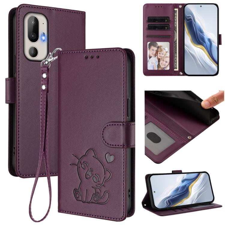 Embossed Heart Cat Leather Phone Case with Hand Strap, For HTC U24 Pro