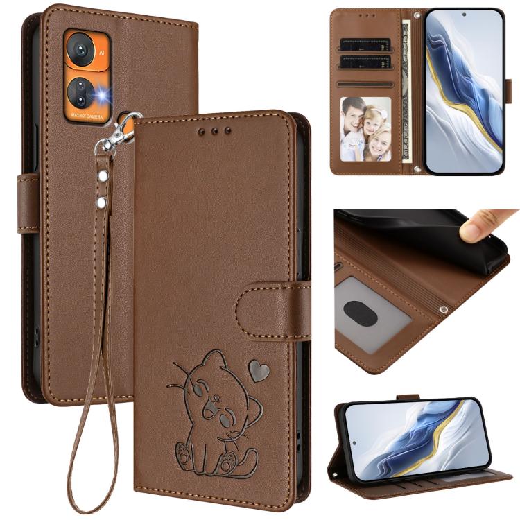 Embossed Heart Cat Leather Phone Case with Hand Strap, For Oukitel C51, For Oukitel C38, For Oukitel C35, For Oukitel C33