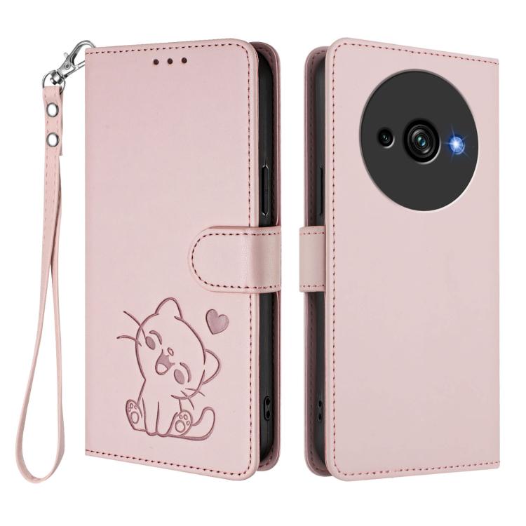 Embossed Heart Cat Leather Phone Case with Hand Strap, For Oukitel C59 / C59 Pro, For Oukitel C1 / C1 Pro, For Oukitel C65 / C65 Pro, For Oukitel C58 / C58 Pro