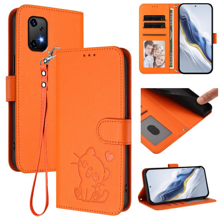 Embossed Heart Cat Leather Phone Case with Hand Strap, For Umidigi Note 90, For Umidigi A15 / A15C / A15T, For Umidigi G9 5G / Note 9 5G, For Umidigi Bison X20