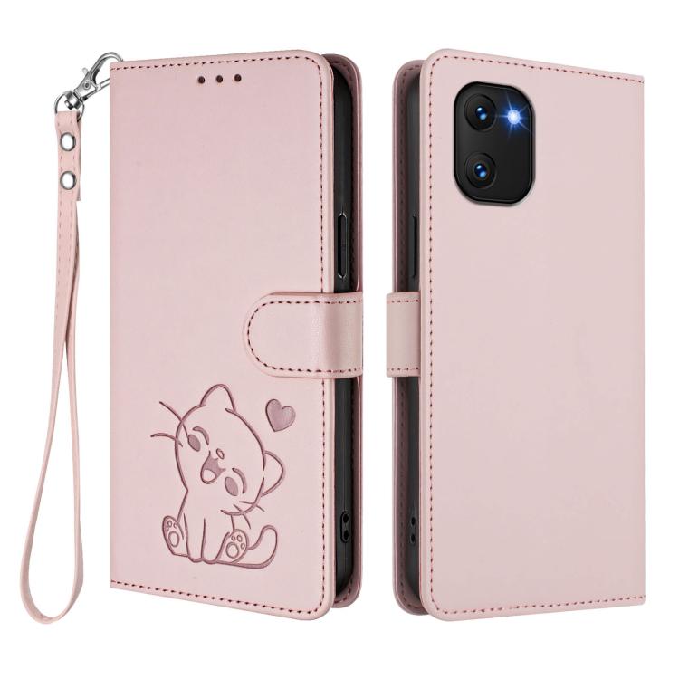 Embossed Heart Cat Leather Phone Case with Hand Strap, For Umidigi Power 7 / 7S, For Umidigi Power 7 Max
