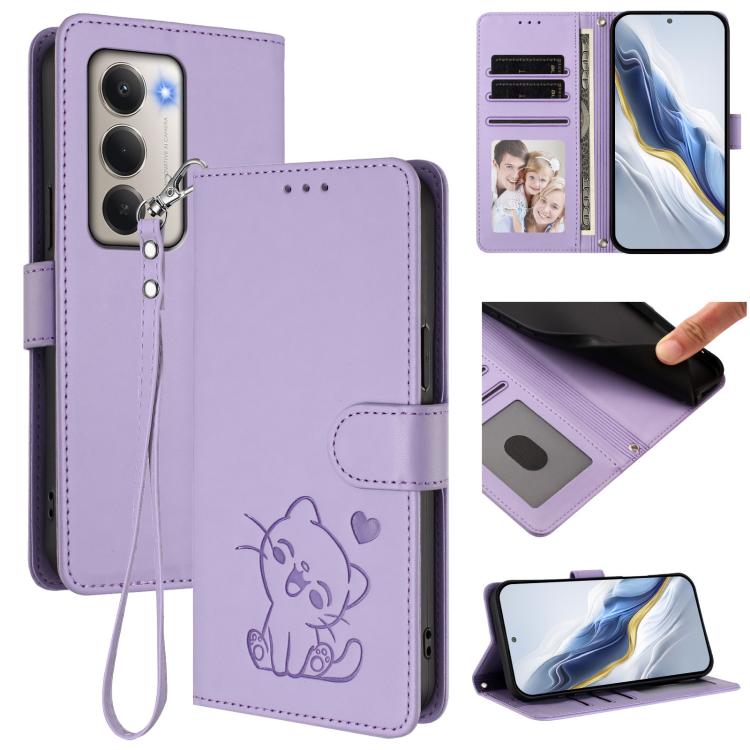 Embossed Heart Cat Leather Phone Case with Hand Strap, For Redmi 15C 5G / 4G EU 173mm / Poco C85 5G, For Xiaomi Poco M7 4G 169mm, For Redmi 15 5G Global / 15 4G SEA 169.5mm, For Redmi 15 5G / 4G EU 171mm
